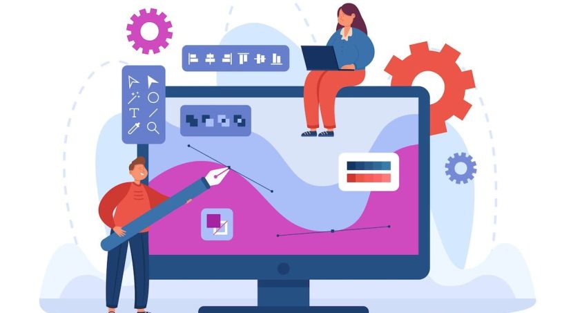 Tiny graphic designer drawing with big pen on computer screen