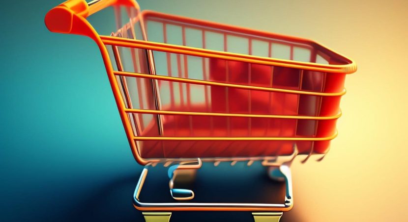 red shopping cart with word it blue background