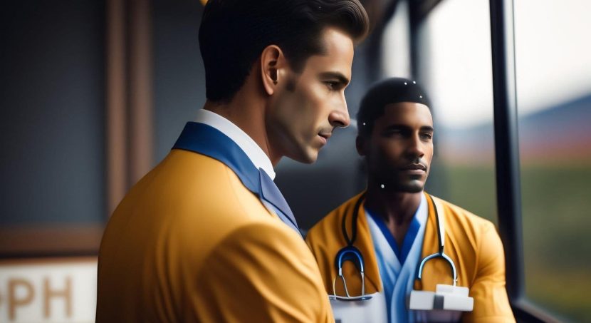 two men yellow jackets stand front window one them has stethoscope his neck 1340 36724