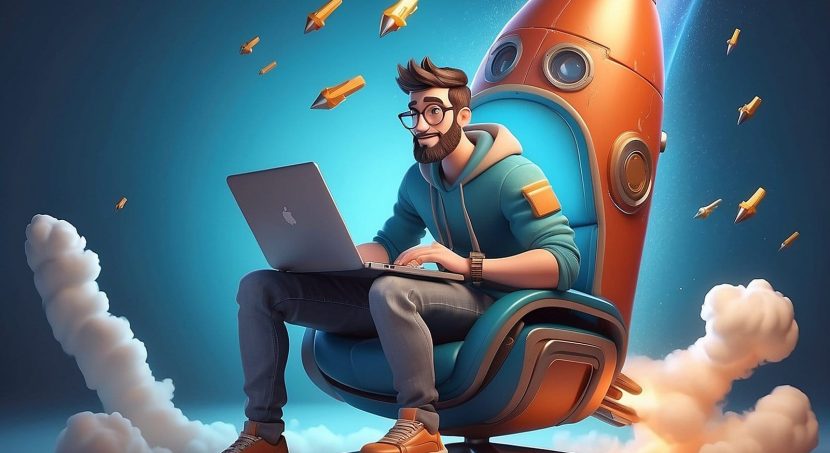 cartoon character freelancer with laptop his hands flies chair like rocket innovation startup concept 3d illustration 1 scaled 1