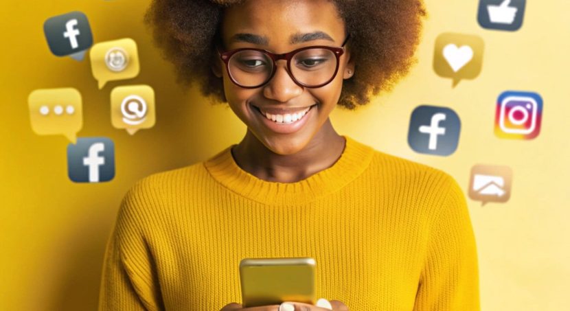 woman with yellow sweater is holding phone with facebook social media icons