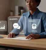 Small business owner managing multiple AI agents represented by glowing holographic icons in a modern office